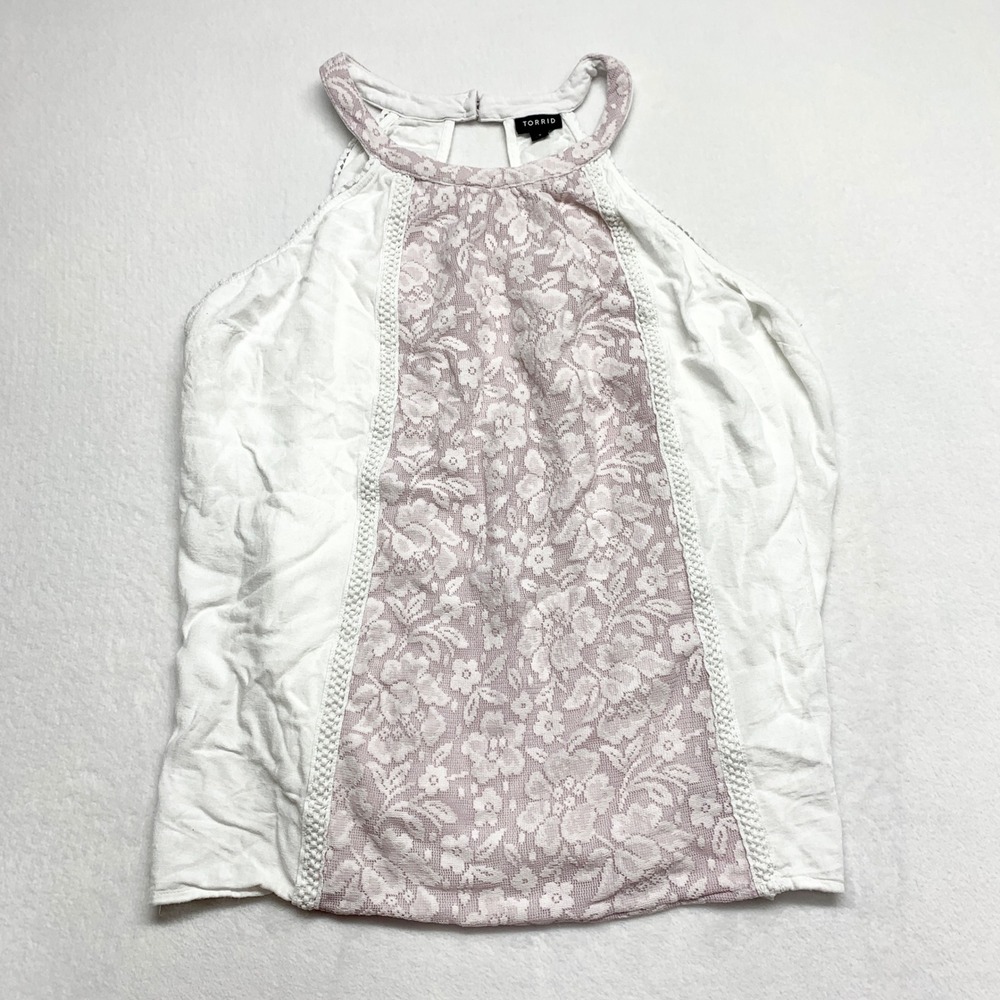 Torrid Floral Lace Halter Tank Top Womens Size 3 White Pink Boho Crochet Rayon